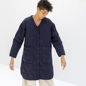 micaela greg long quilted jacket in indigo